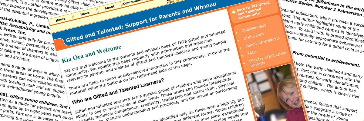 Gifted and Talented: Support for Parents and Whānau website design details